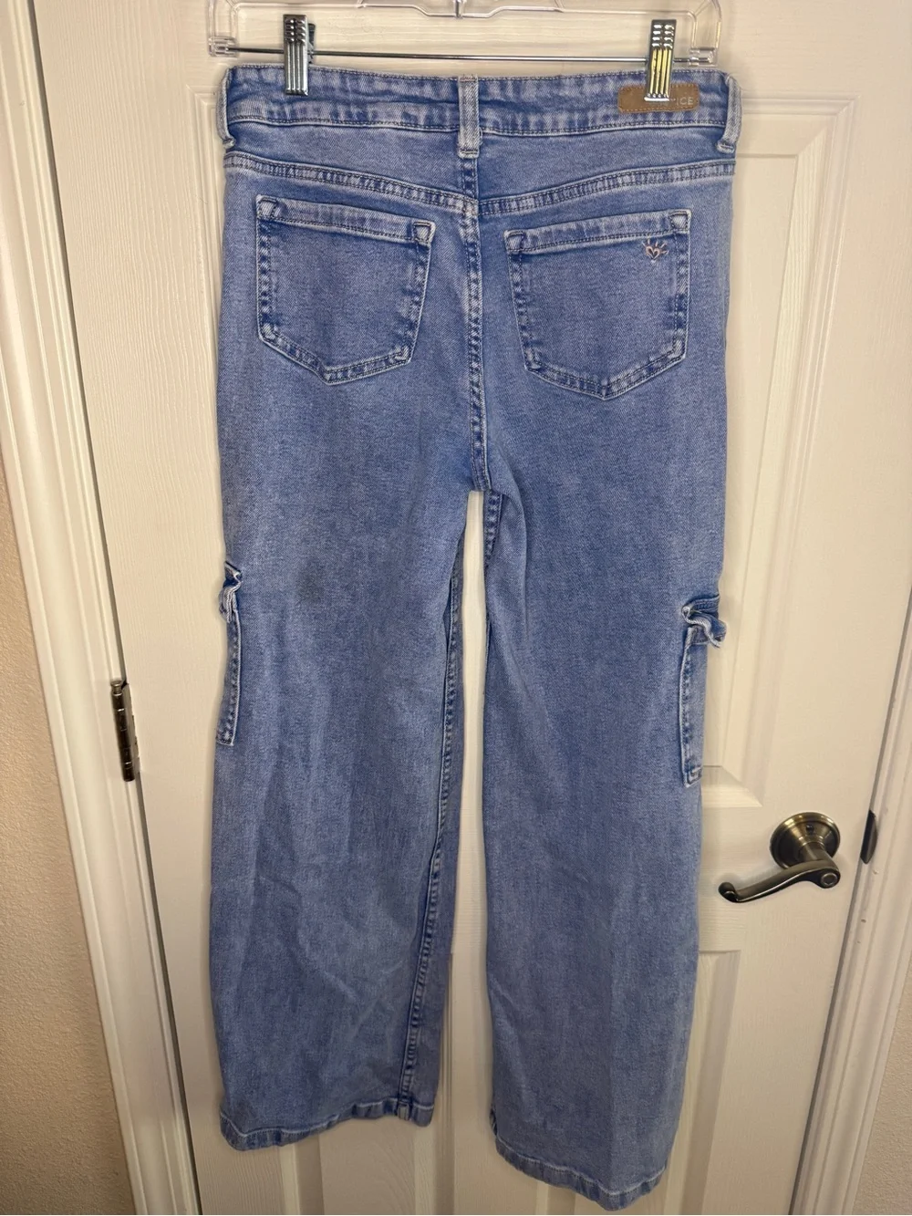 Justice Light Wash Distressed Cargo Wide Leg Jeans Size 16 Y2K Trendy